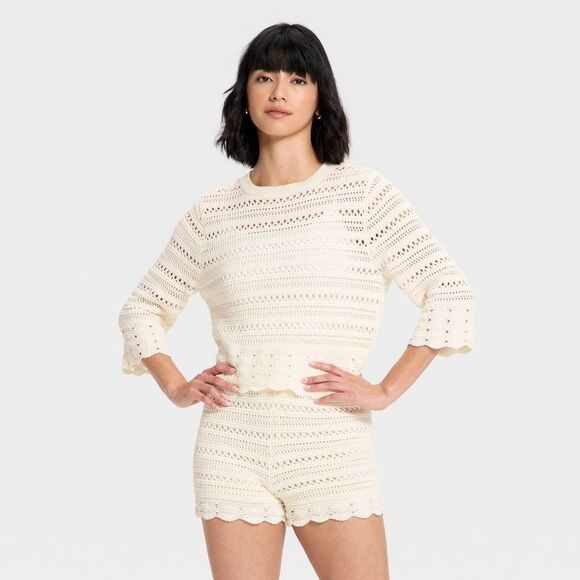 Universal Thread Sweaters - Universal Thread - Women's Quarter Sleeve Openwork Crewneck Pullover  Cream
